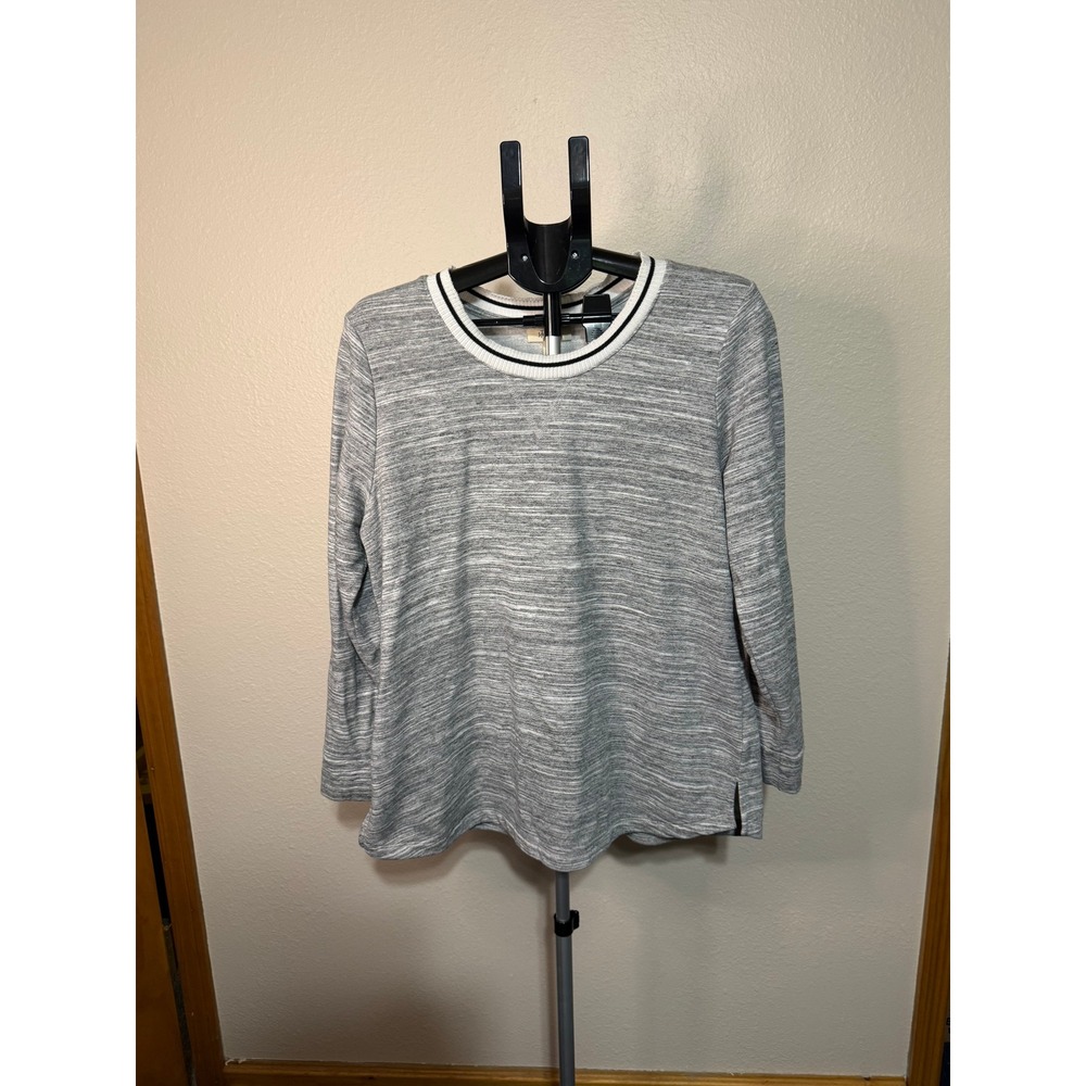 Style & Co Womens Grey Space‎ Dye Long Sleeve Crew Neck Top Size L Striped Trim